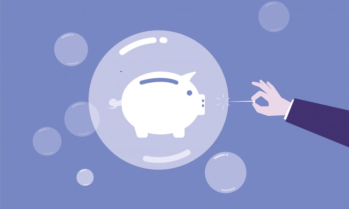 Illustration von einem Sparschwein in einer Blase, die zerplatzt wird