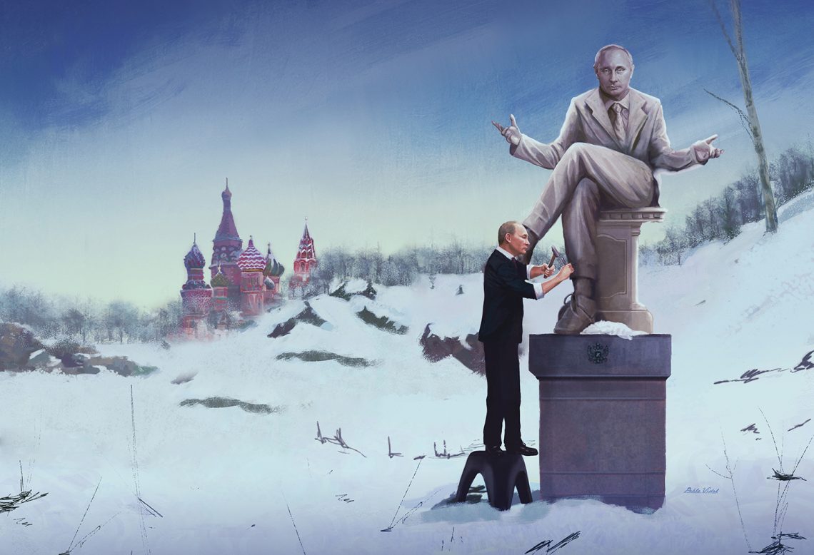 Illustration von Putin, der sein eigenes Denkmal meißelt