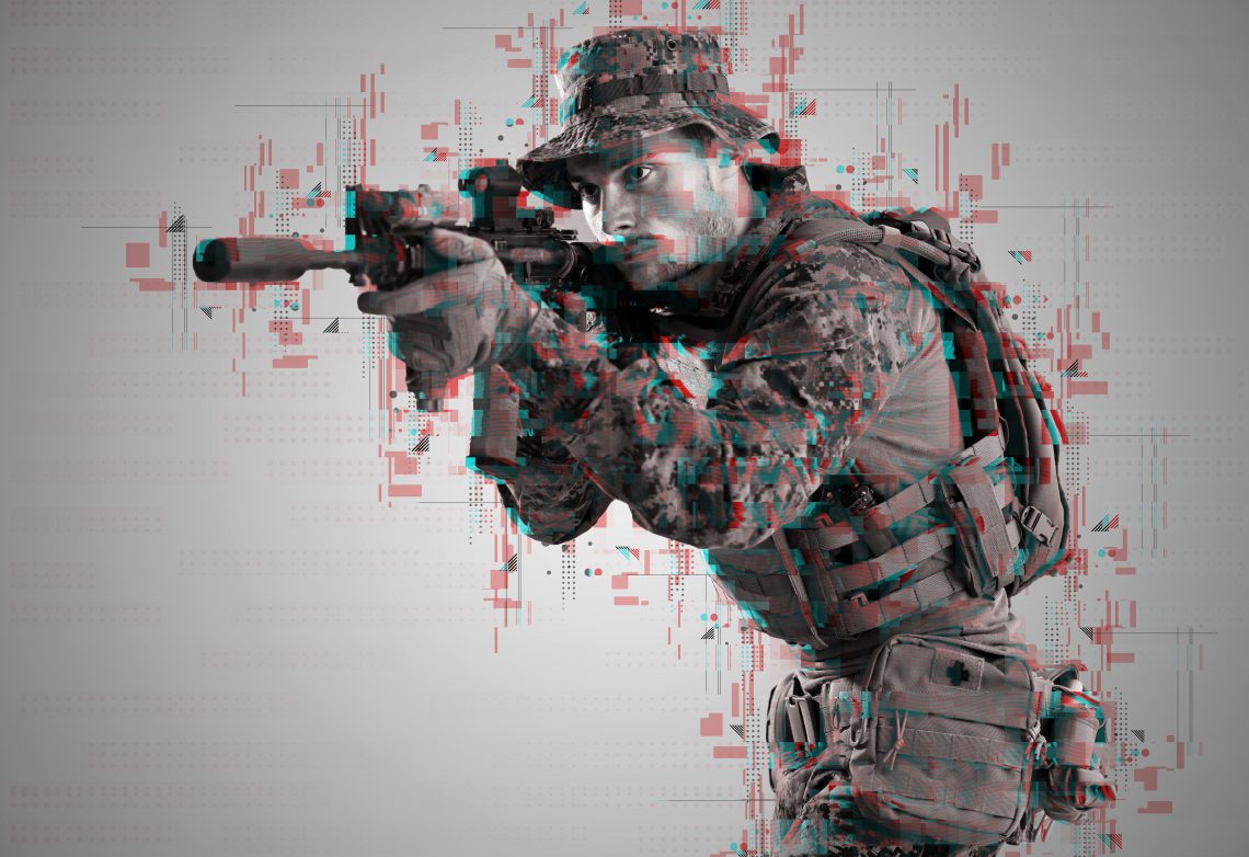 Bild eines Soldaten mit Waffe, das mit einem Glitch versehen ist