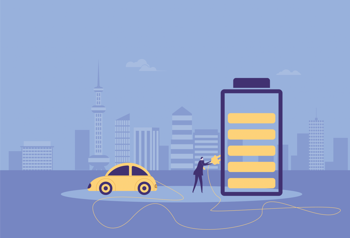 Illustration von E-Auto neben einer übergroßen Batterie