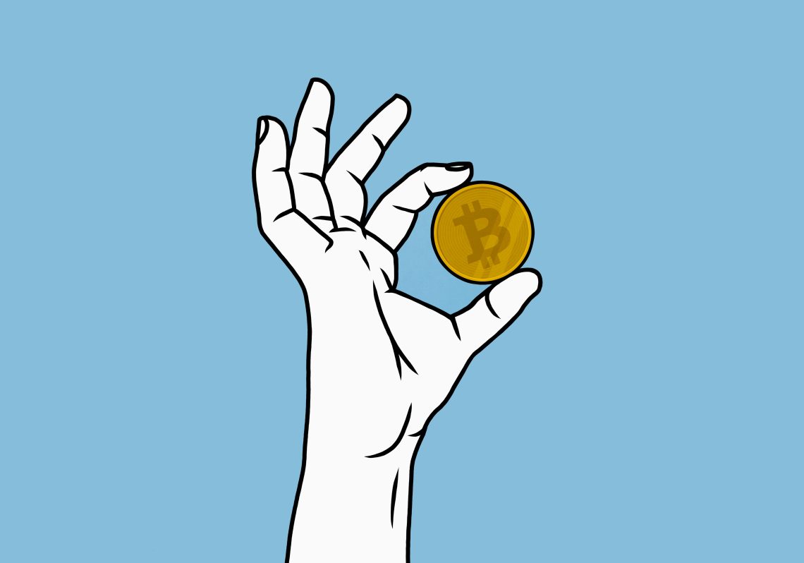 Illustration einer Hand die eine Bitcoin hochhält