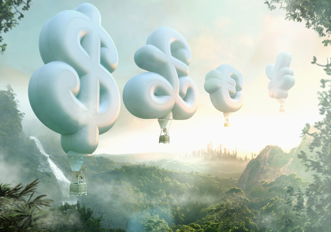 Heißluftballone in Form von Währungssymbolen