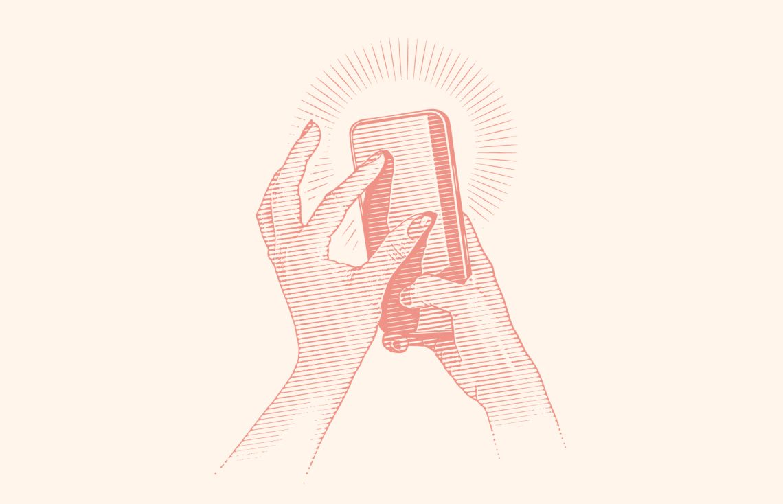 Illustration von einer Frauenhand, die ein Handy hält