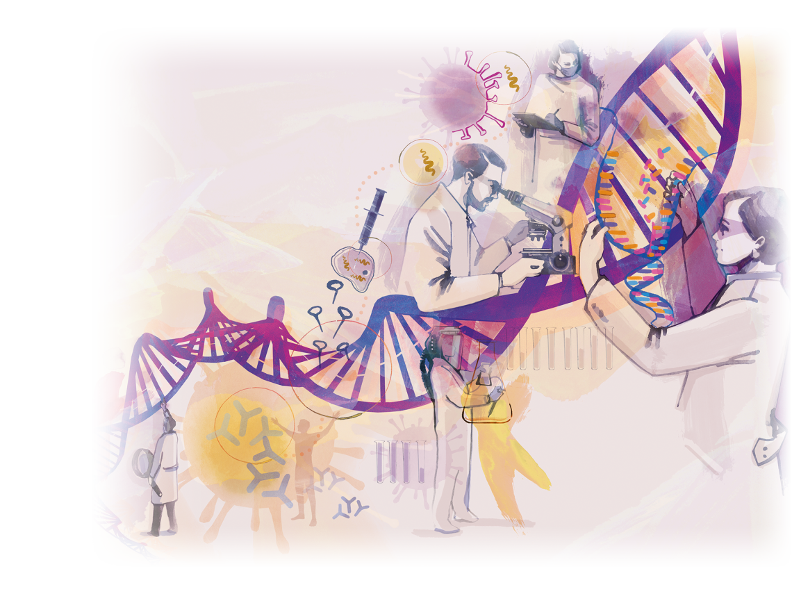 Illustration eines DNA-Strangs mit Medizinern und Reagenzgläsern