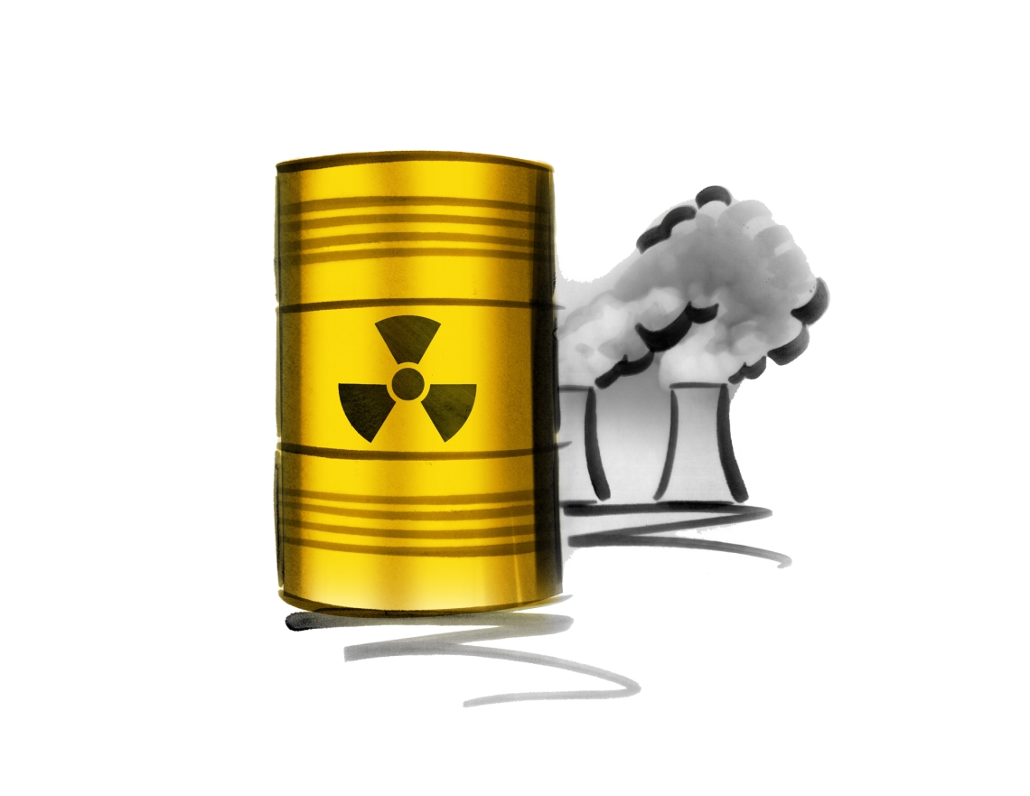 Illustration eines Fasses mit Atommüll vor einem Kraftwerk