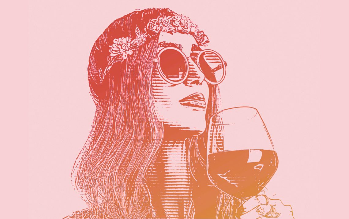 Illustration einer glücklich schauenden Frau mit Sonnenbrille und Weinglas