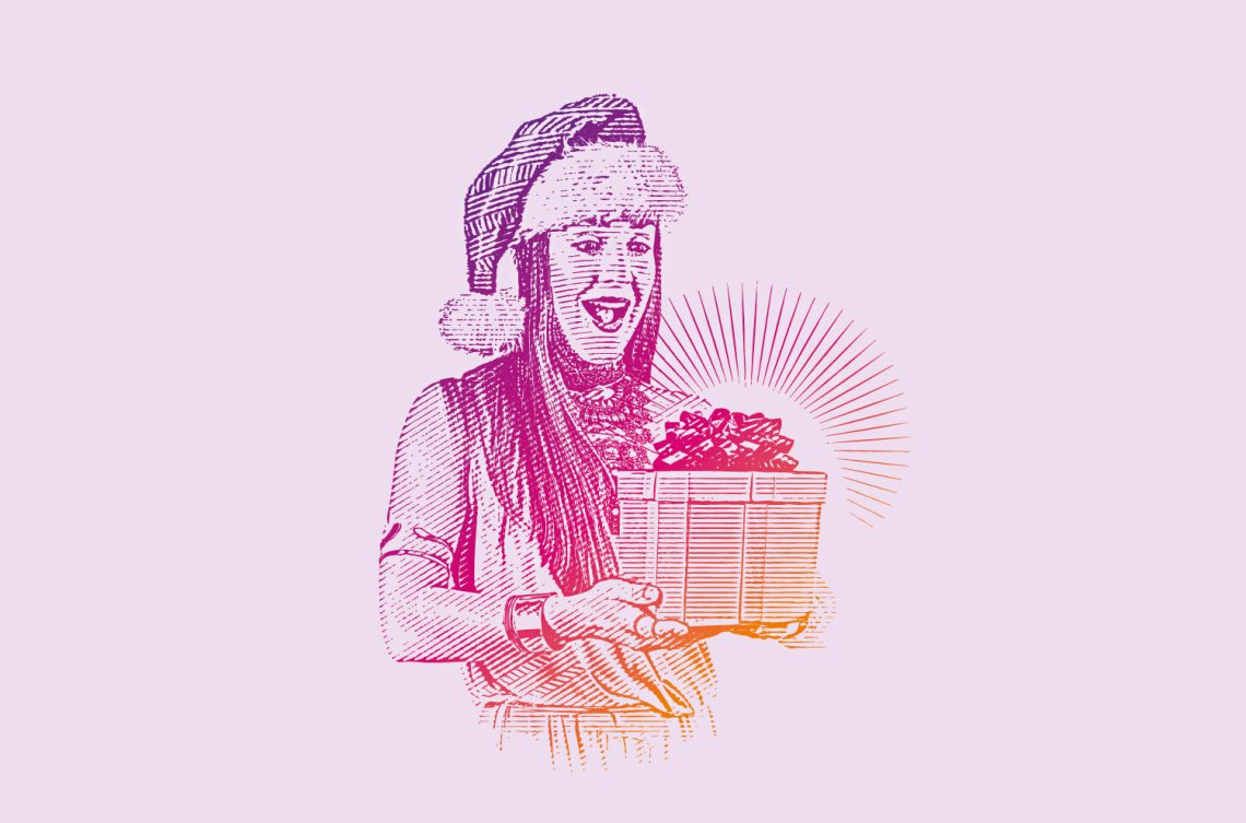 Illustration einer Frau mit Weihnachtsmütze, die begeistert auf ein Geschenk schaut