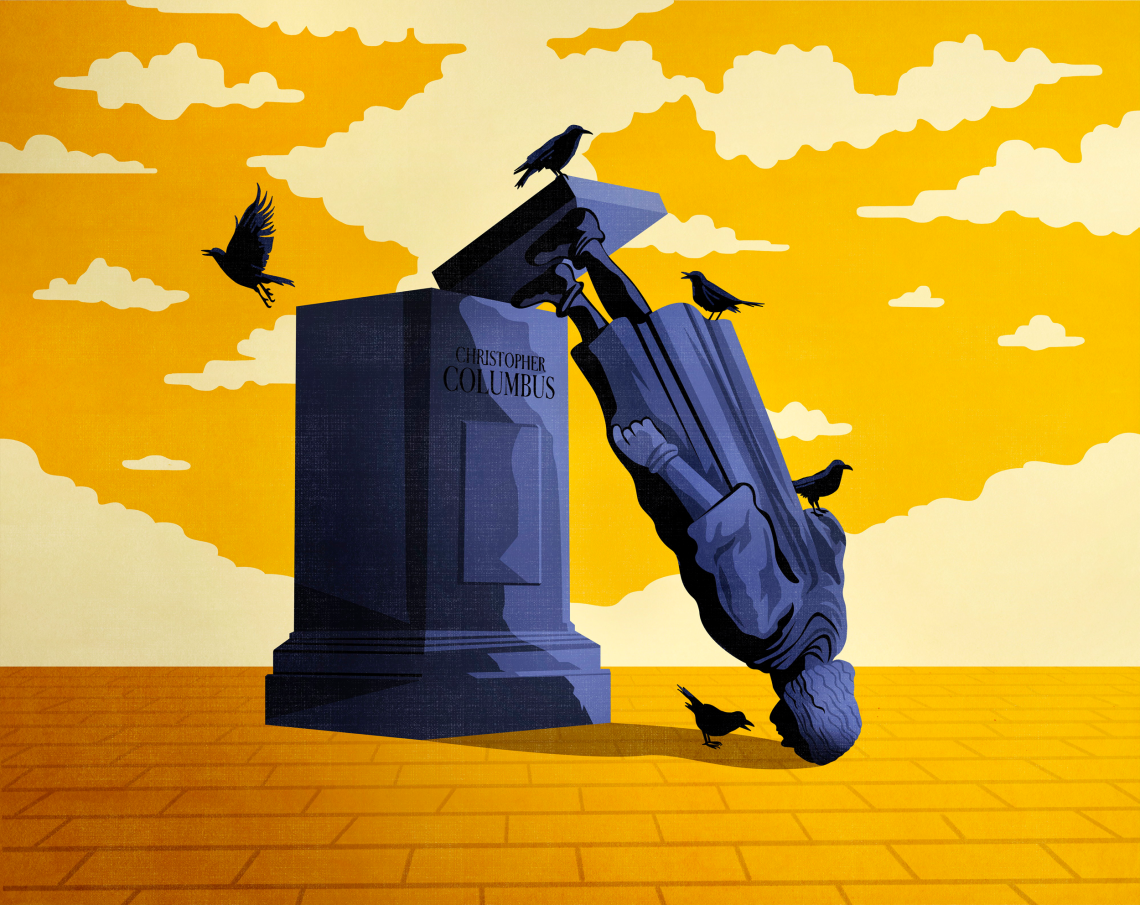 Illustration einer gestürzten Kolumbus-Statue