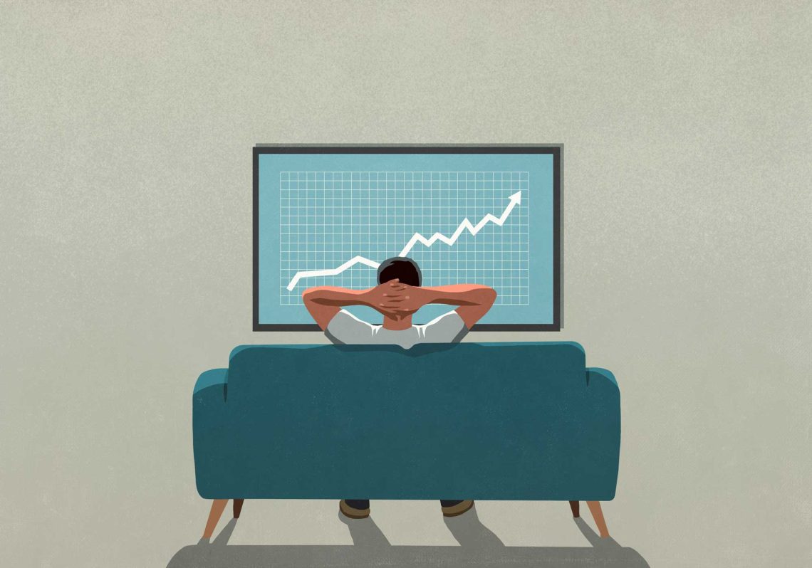 Illustration eines Mannes auf einer Couch, der auf einen Bildschirm mit steigender Inzidenz starrt
