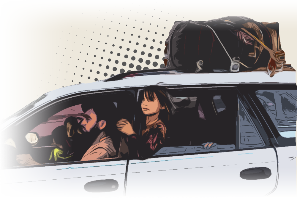 Illustration von Migration: Eine Familie, die in einem schwer beladenen Auto fährt.