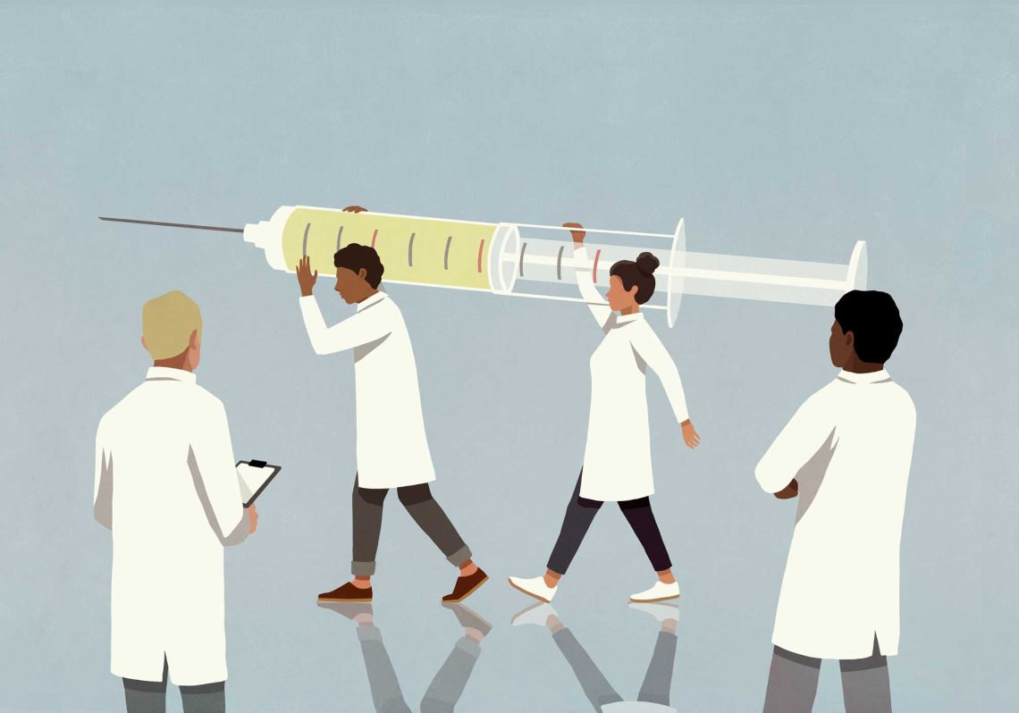 Illustration von Ärzten und Ärztinnen die eine Spritze tragen