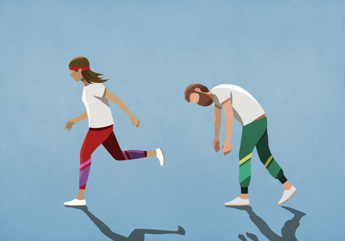 Illustration einer fitten Läuferin und eines müden Läufers