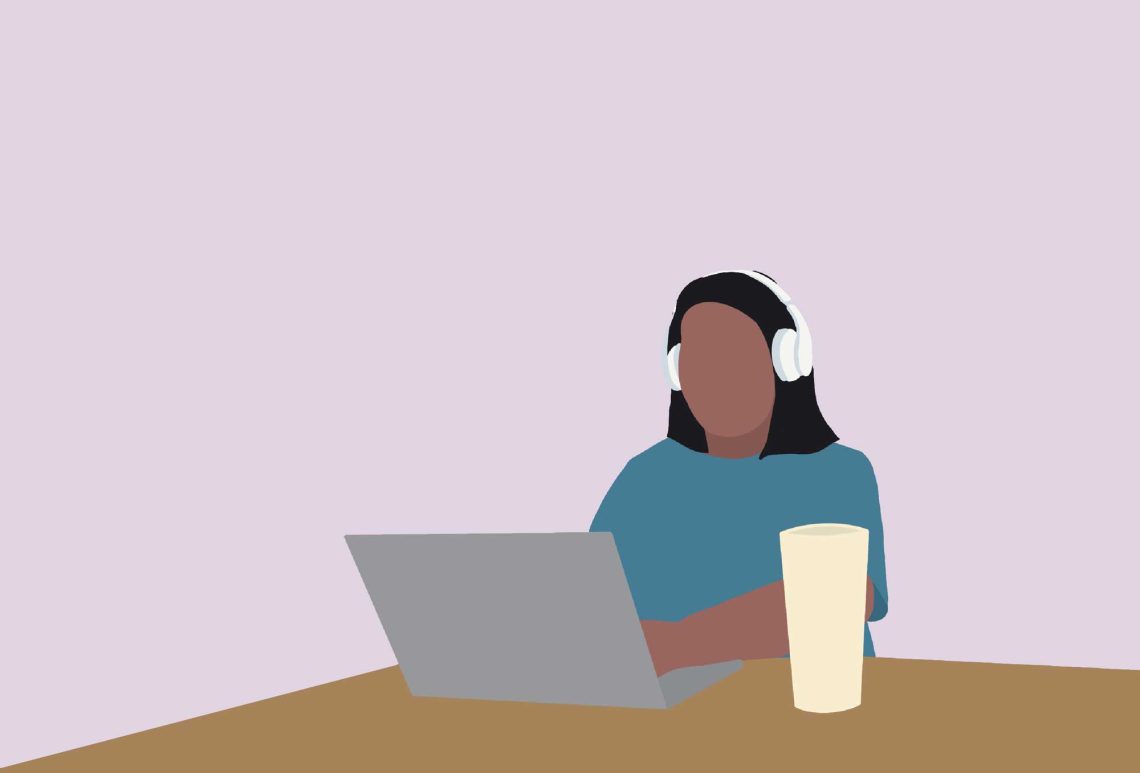 Illustration einer am Laptop sitzenden Frau mit Kopfhörern