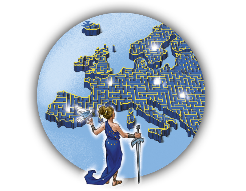 Illustration von Europa, die mit Schwert in der Hand auf den Kontinent schaut