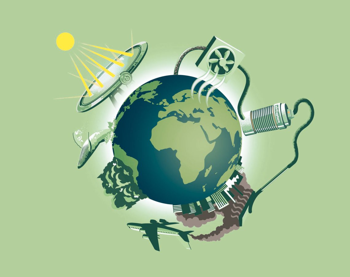 Illustration einer Erdkugel mit verschiedenen Klimakrise-Lösungsvorschlägen