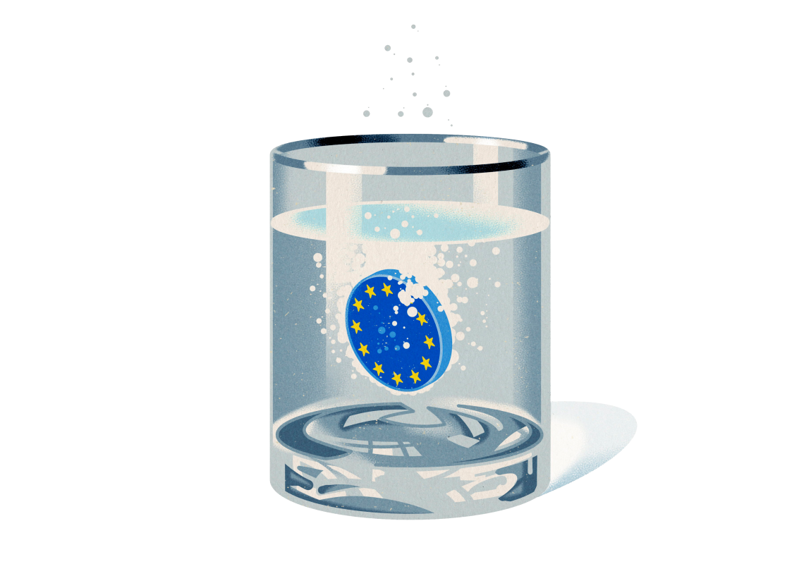 Brausetablette mit EU-Symbol löst sich in Wasserglas auf