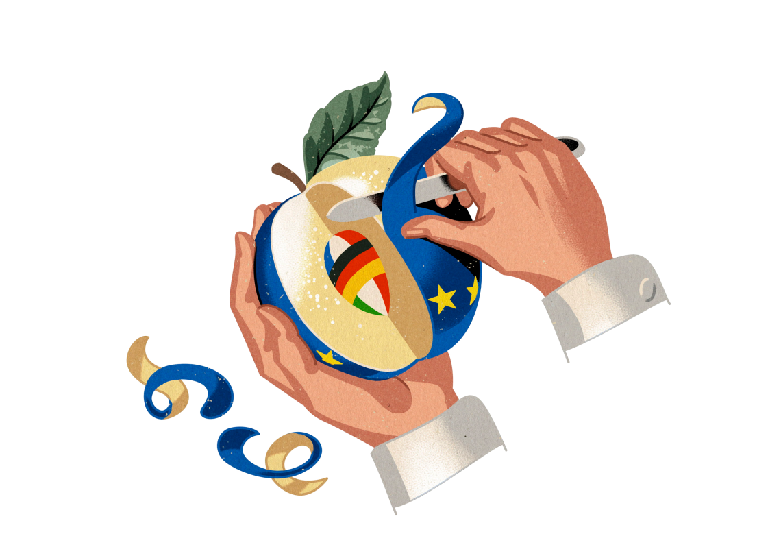 Ein Apfel in den Farben der EU wird geschält, der Kern trägt die Nationalfarben einiger Mitglieder.
