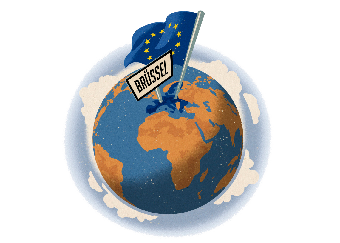 Globus mit EU-Flagge und Ortstafel "Brüssel"