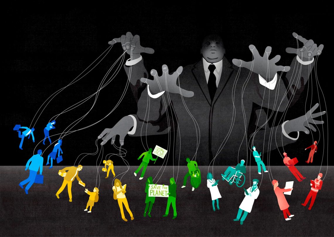 Illustration eines Marionettenspielers mit den Kräften der Gesellschaft an den Fäden