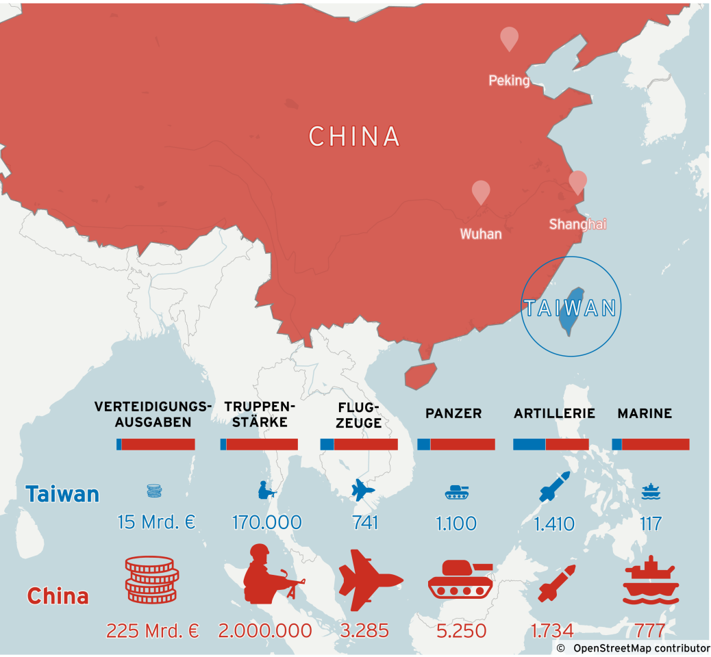 Karte mit Informationen zu den militärischen Kapazitäten Chinas und Taiwans