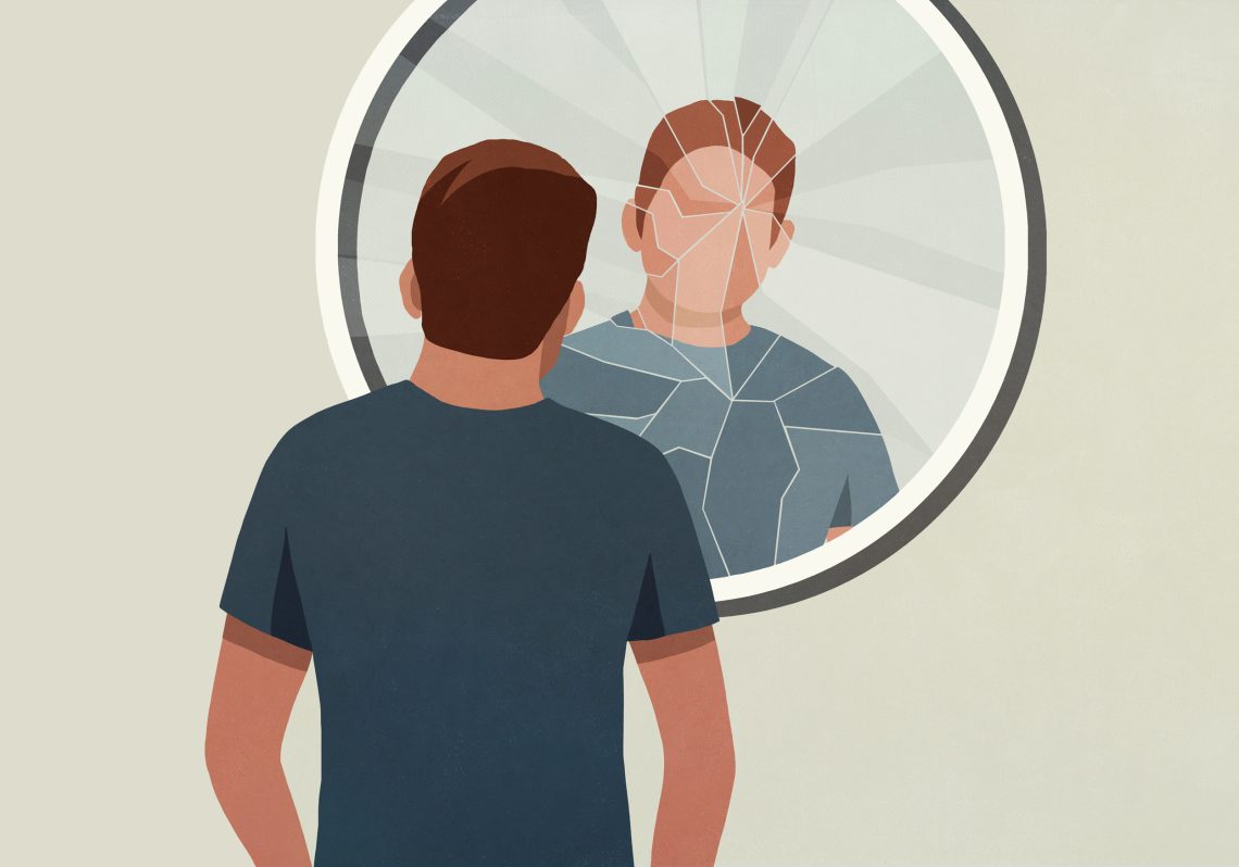 Illustration eines Mannes der in einen zersprungenen Spiegel schaut