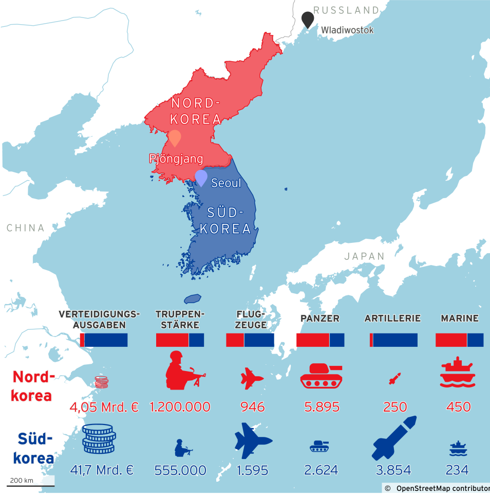 Karte mit Informationen zu den militärischen Kapazitäten Nord- und Südkoreas