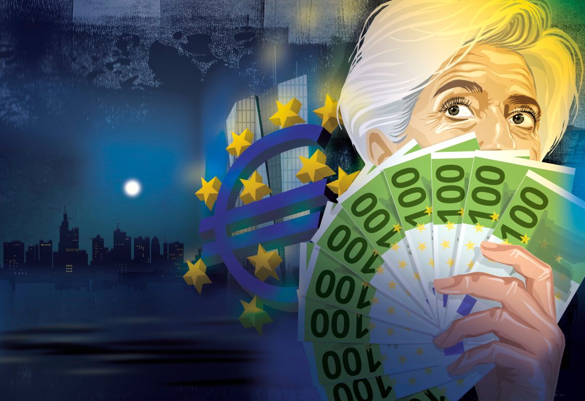 Illustration von EZB-Chefin Christine Lagarde, die sich hinter Hundert-Euro-Scheinen verbirgt