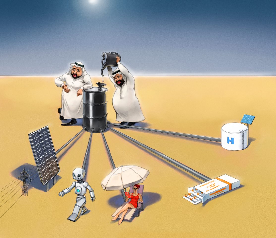 Nachfrage nach Öl sinkt: Illustration der Wirtschaft arabischer Staaten. Ein Ölfass liefert die Energie für Solarstrom, Robotik, Tourismus, Medikamente und Wasserstoff