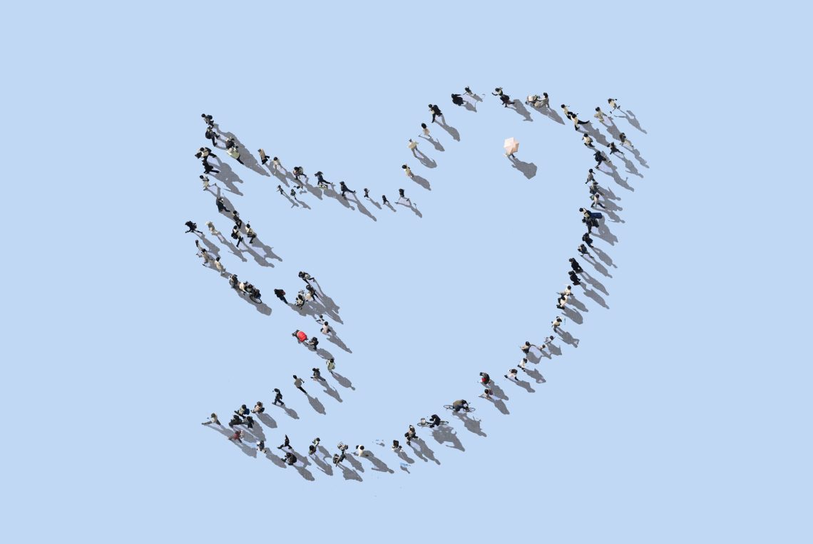 Vogelperspektive auf Menschen, die ein Twitter-Icon formen