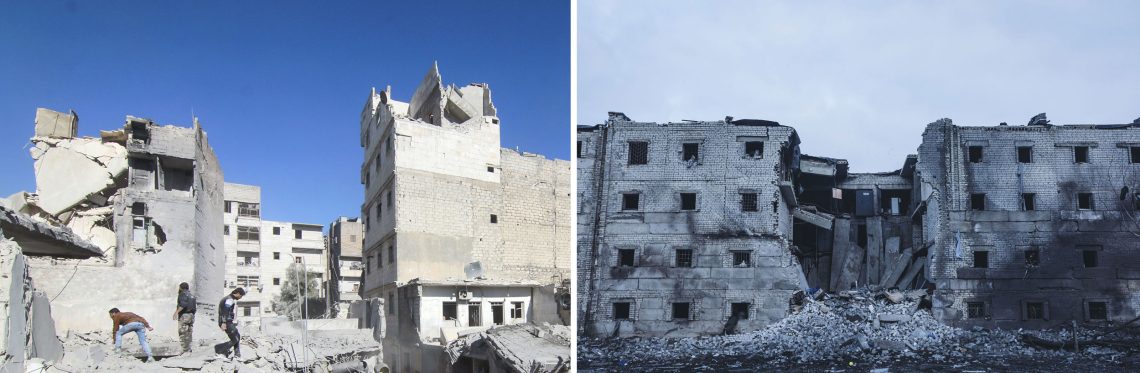 Durch russische Bombenangriffe zerstörte Wohnhäuser in Syrien und in der Ukraine