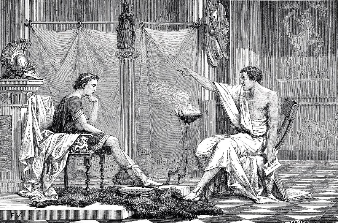 Alexander der Große als Jugendlicher, der seinem Lehrmeister Aristoteles zuhört, Illustration circa 1875