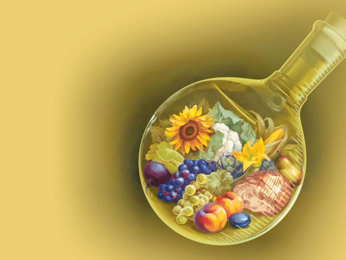 Illustration von Pflanzen und Obst in einem Reagenzglas