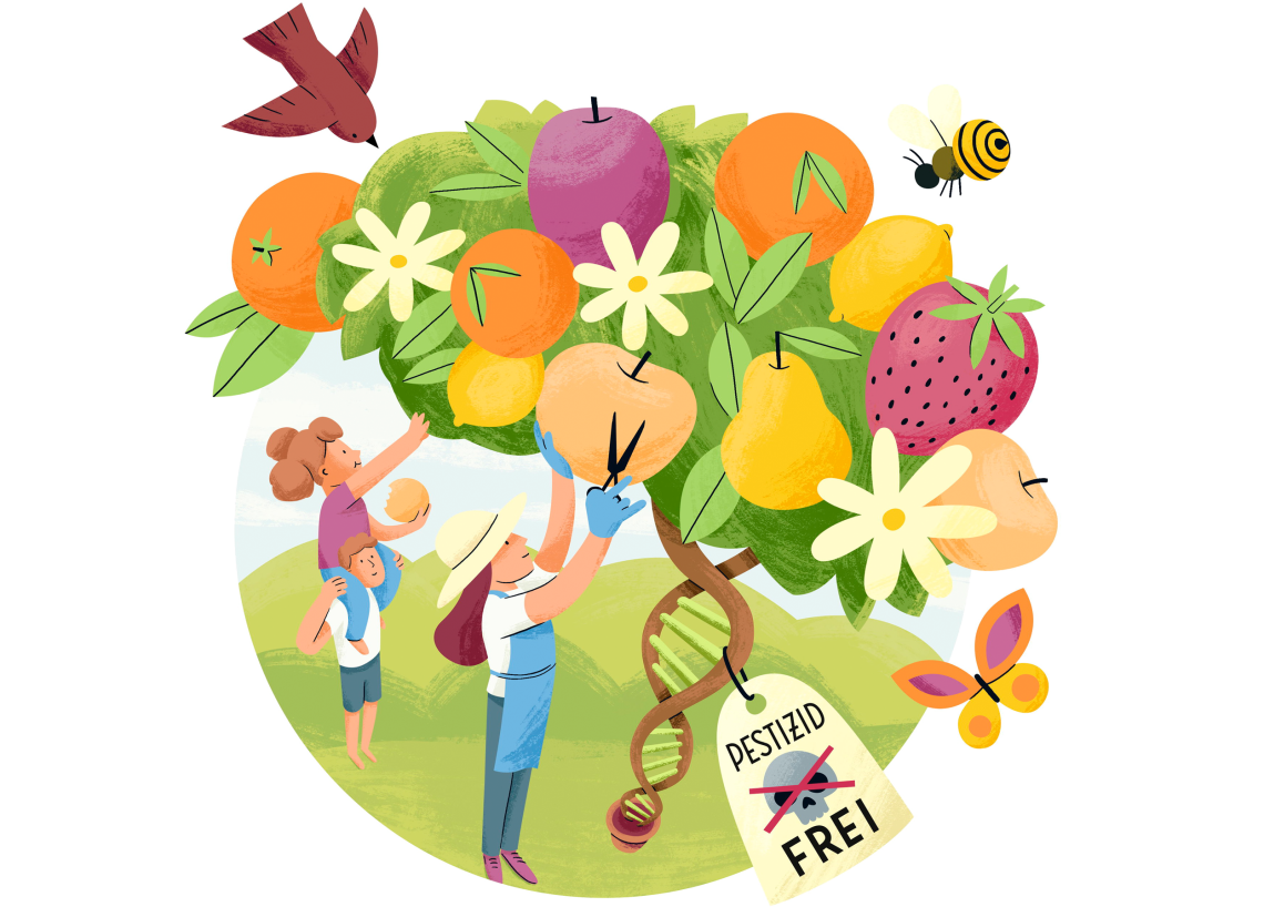 Illustration eines Paradiesbaums mit Gentechnik-Obst