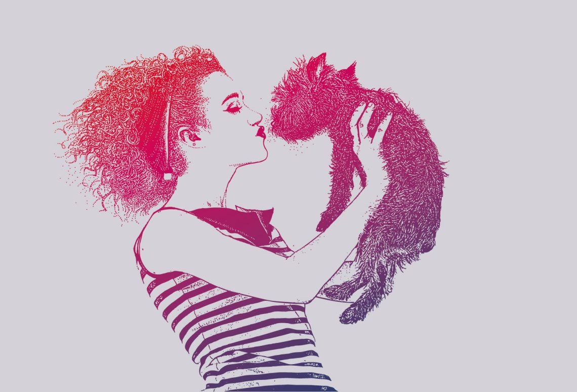 Illustration einer jungen Frau, die einen Hund küsst