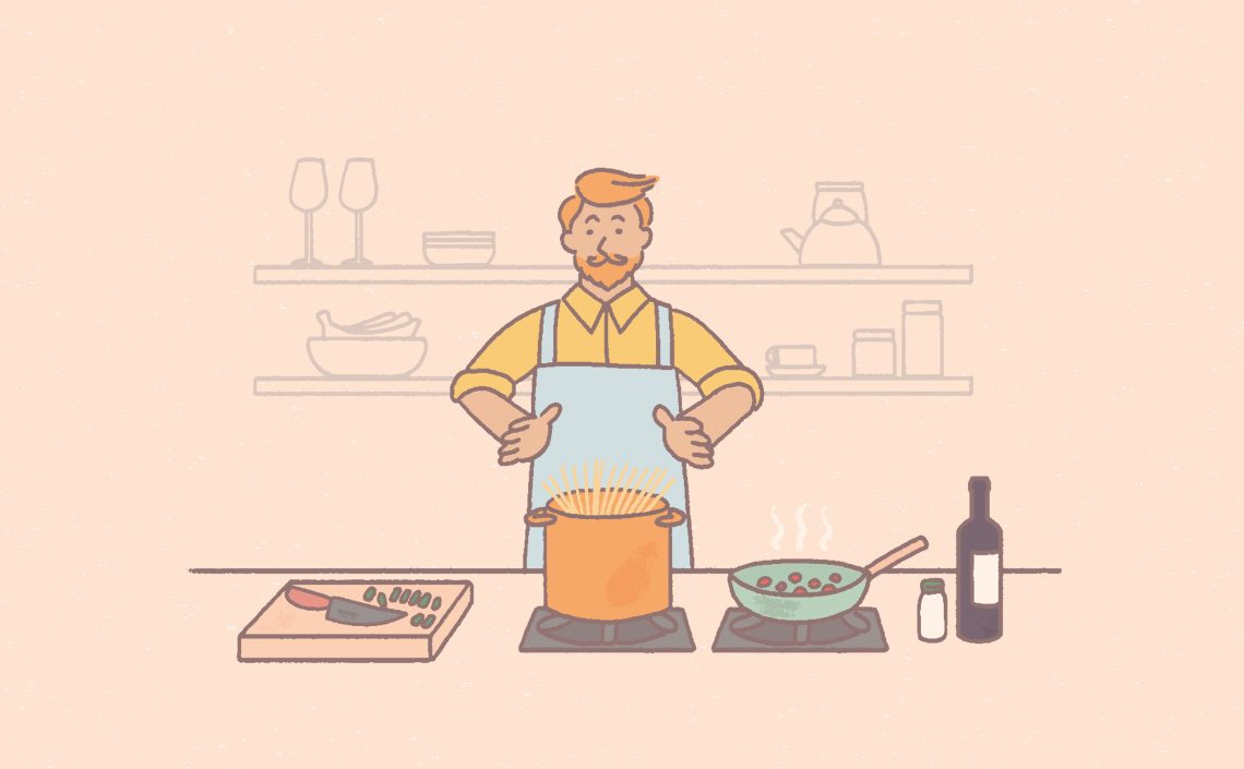 Illustration eines weißen Mannes beim Nudeln kochen