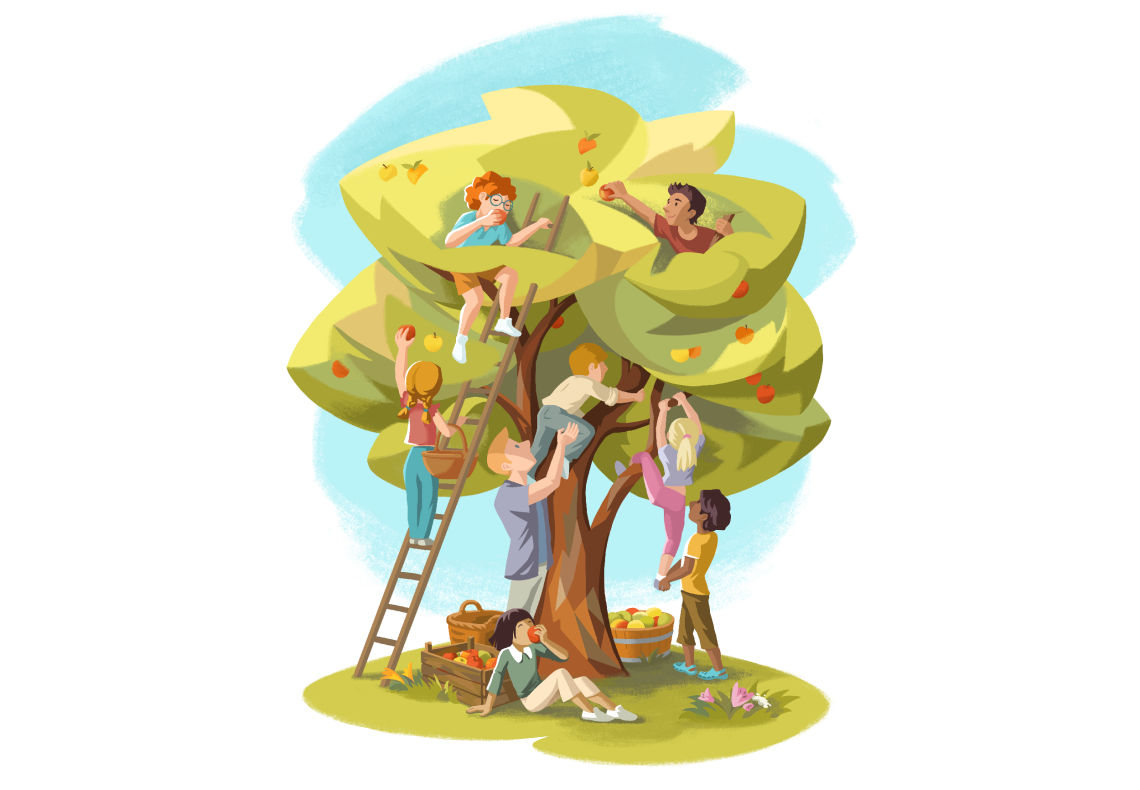 Illustration von Kindern die mit Hilfe oder selbstständig einen Baum hochklettern