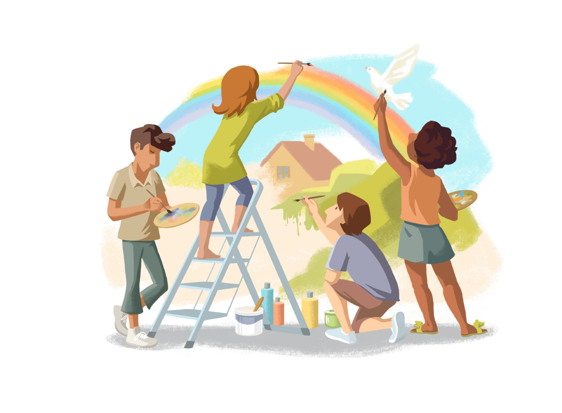 Illustration von Kindern, die einen Regenbogen an die Wand malen