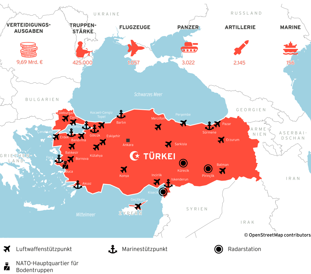 Darstellung der militärischer Stützpunkte auf einer Karte der Türkei
