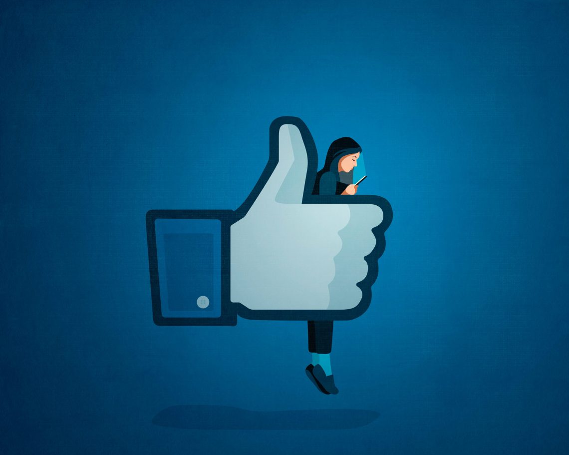 Illustration des Like-Buttons von Facebook, der eine Frau mit Smartphine umklammert.