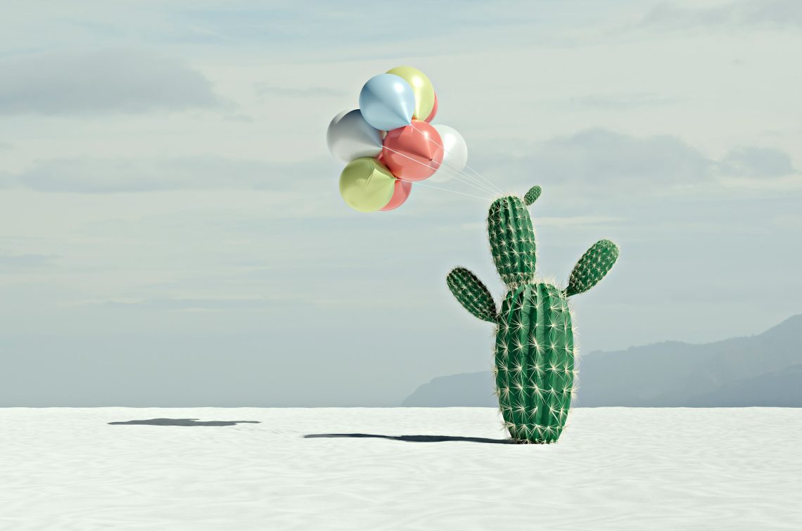 Illustration von Luftballons, die an einem Kaktus hängen