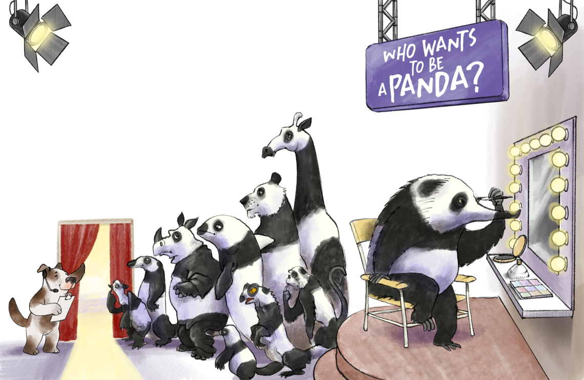Illustration zum Wettbewerb who wants to be a panda mit verschiedenen vom Aussterben bedrohten Tierarten in Panda-Kostümen.