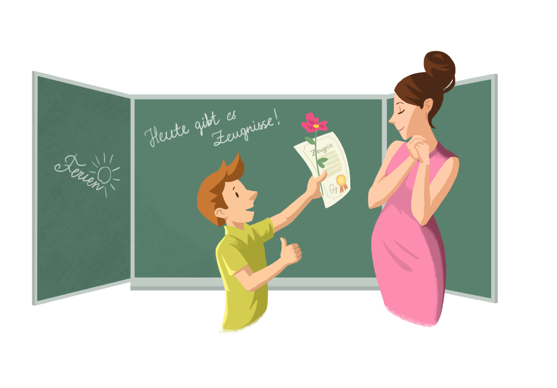 Illustration von einer Zeugnisübergabe seitens eines Schülers an eine Lehrerin