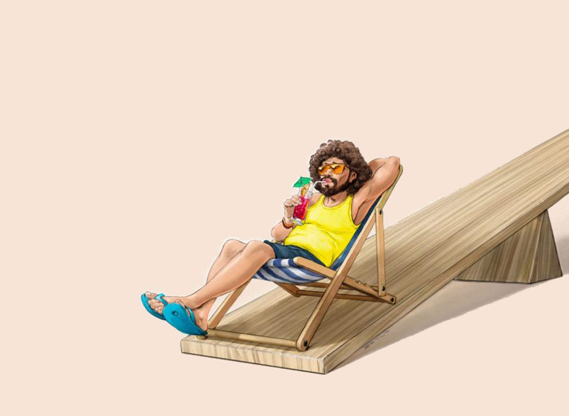 Personalmangel: Zeichnung eines Mannes mit Bart und Cocktail in der Hand, der in Urlaubskleidung an dem einen Ende einer Schaukel sitzt.