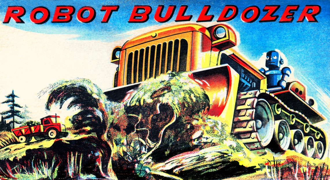 Bunte Illustration eines übergroßen Bulldozers, der von einem Roboter gefahren wird.