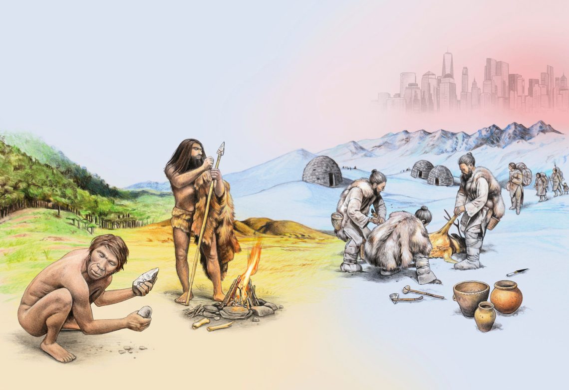 Evolution: Illustration einer Gruppe von Menschen, die mit Fellen bekleidet sind und einem offenen Lagerfeuer Werkzeuge herstellen beziehungsweise ein Tier häuten. Im Hintergrund sind Berge bzw. Wolkenkratzer zu sehen.