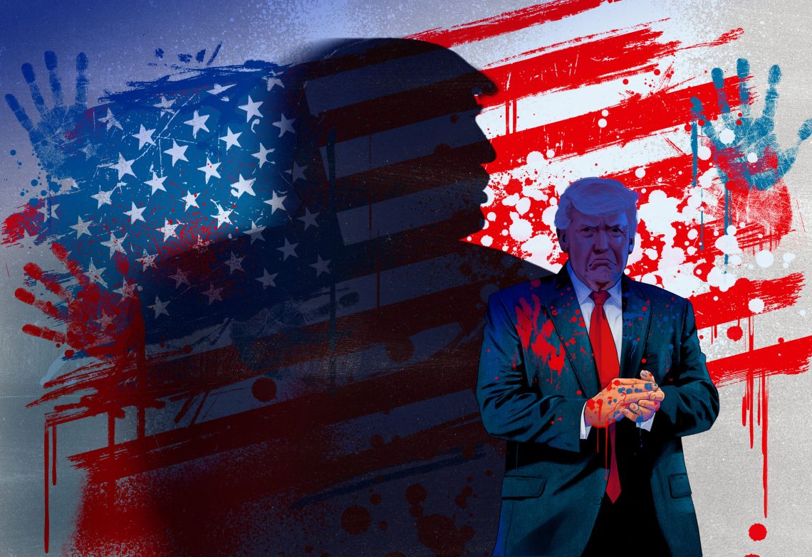 Illustration von Donald Trump, der mit roter und blauer Farbe bekleckert vor einer gemalten US_Flagge steht und die Mundwinkel nach unten zieht.