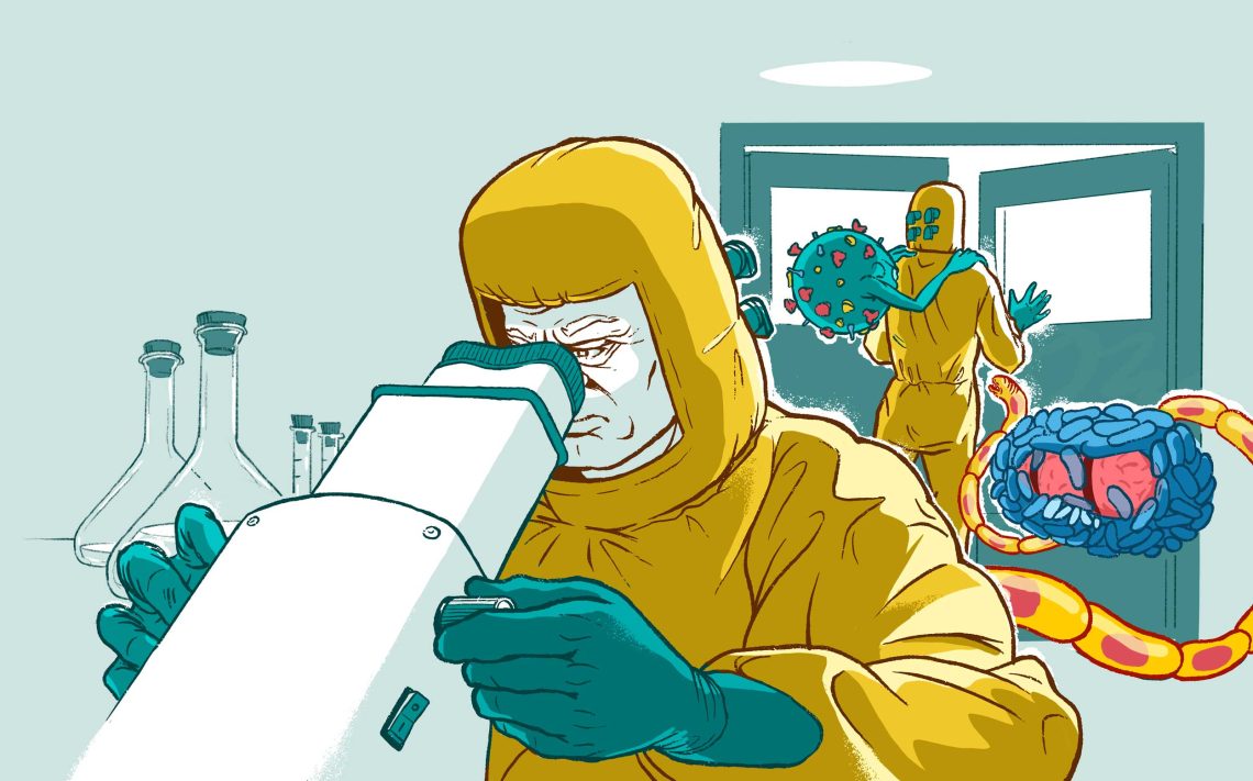 Illustration eines Hochsicherheitslabors mit überdimensionierten Viren, die wie Monster durch den Raum schweben.