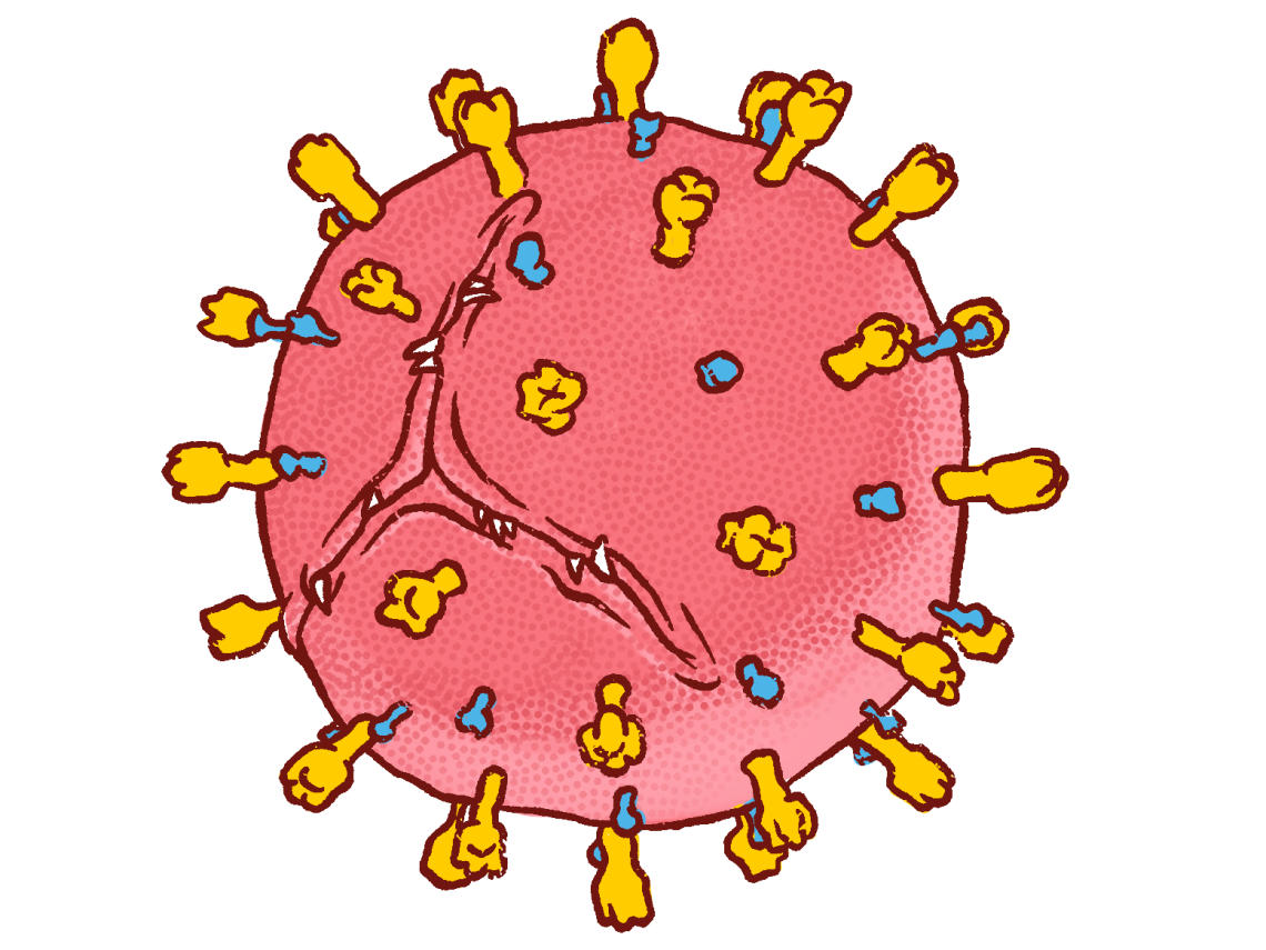 Illustartion eines Erregers der Spanischen Grippe: eine stachelige Kugel mit dreispaltigem maul und scharfen Zähnen.