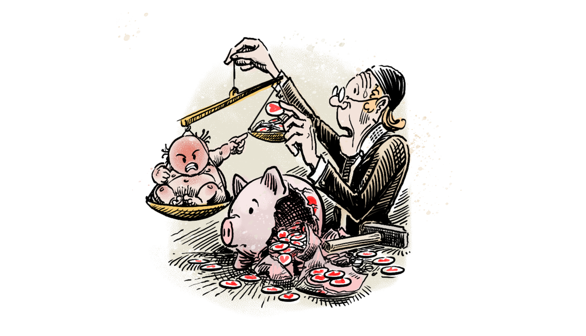 Zeichnung von Lehrer Lampel mit einer Handwaage in der Hand, der aus einem Sparschwein Emoticons mit Herz in einer der Waagschalen wirft. Das Bild soll Cancel Culture illustrieren.