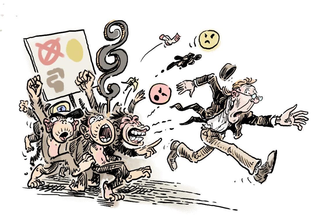 Zeichnung eines Mannes, der vor drei Affen flüchtet, die das Symbol eines Paragraphen hoch halten, wobei Bananenschalen, Socken und Emoticons davon fliegen. Die Zeichnung soll einen Beitrag über Cancel Culture und über Shitstorm illustrieren.